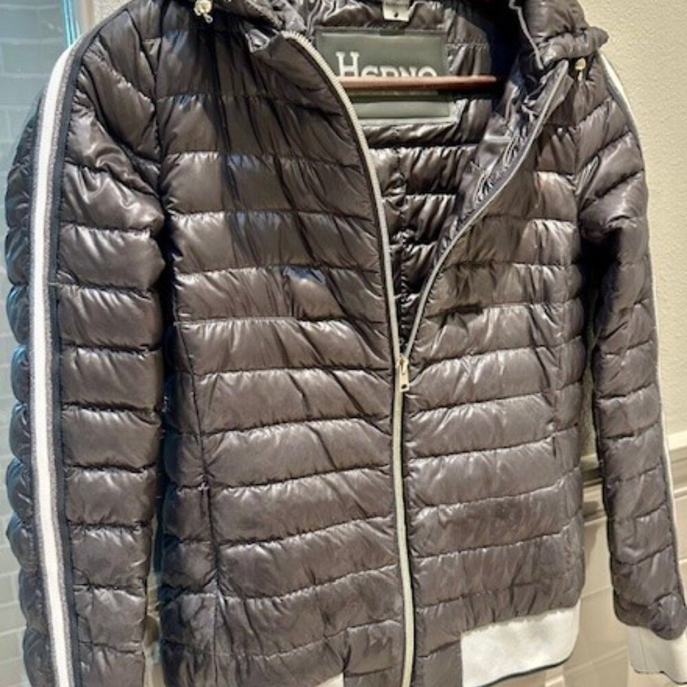 Herno Striped Sleeve Short Down Bomber Jacket